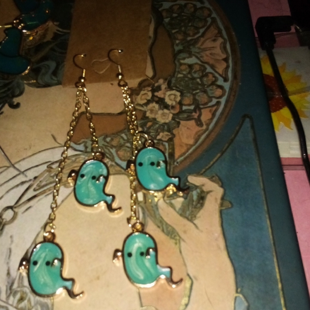 Gold and Teal Ghost Earrings